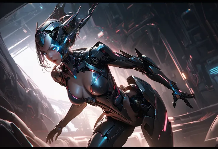 a highly detailed cyborg woman,robot companion,approaching her mistress,in bedroom,removes her sci-fi outfit,revealing soft and shapely form,cinematic lighting,hyper realistic,detailed futuristic android,intricate mechanical components,seamless integration...