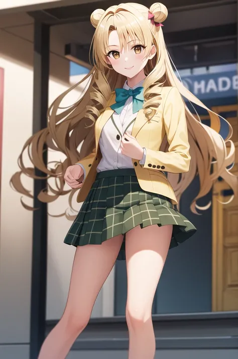 masterpiece, highest quality, High resolution, One girl, alone, Long Hair, Blonde Hair, Double good, Drill Hair, Brown eyes, , Green bow tie, blazer, Yellow Jacket, Long sleeve, Checked skirt, Green Skirt, Are standing, Cowboy Shot, Outdoor, smile,Left and...