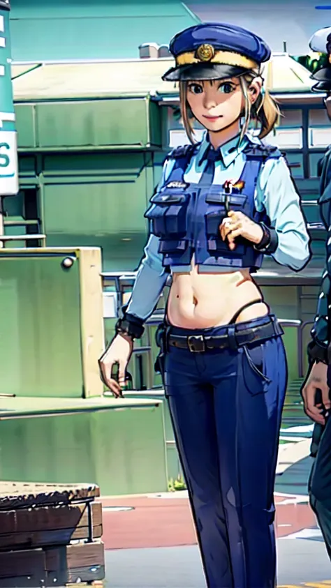 women in crop top police uniform, police  pants, showing navel, fat