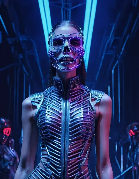 a woman wearing an exo-skeleton mask on a fashion runway, vibrant neon lighting, teenage model, intricate mechanical design, hig...