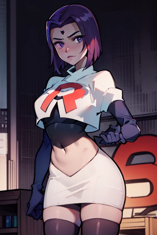 (masterpiece, best quality, ultra-detailed), raventt, short hair, purple eyes, (grey skin),team rocket,team rocket uniform, red ...