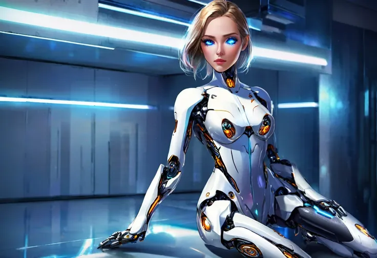 a highly detailed cyborg woman,robot companion (pleasure model),approaching her mistress,in bedroom,removes her sci-fi outfit,revealing soft and shapely form (about 50% human looking),cinematic lighting,hyper realistic,detailed futuristic android,intricate...