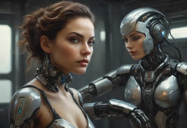 a highly detailed cyborg woman,robot companion (pleasure model),approaching her mistress,in bedroom,removes her sci-fi outfit,revealing soft and shapely form (about 50% human looking),cinematic lighting,hyper realistic,detailed futuristic android,intricate...