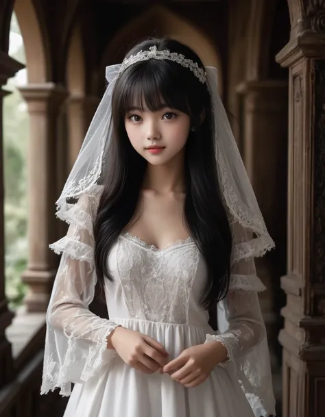 (adolescence girl), (petite), smile, (white detailed princess dress with many frills), (frilly long sleeves, lace cloak), beautiful tender eyes symmetrical, (beautiful and detailed face), (beautiful long black hair), blunt bangs, The princess enters the di...