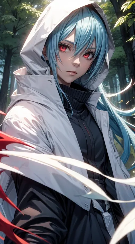 (an adult tensei shitara slime anime character) Rimuru Tempest, with prominent and piercing eyes of a (((scarlet red))), which exude an aura of cold determination and a sharp intelligence, (hair is light heavenly blue), flowing and smooth, neutral mouth, c...