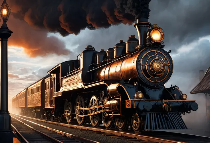 detailed steampunk train locomotive, hyperrealistic, black paintings, ethereal clouds, mist atmosphere, vast cloudy sky, orange ...