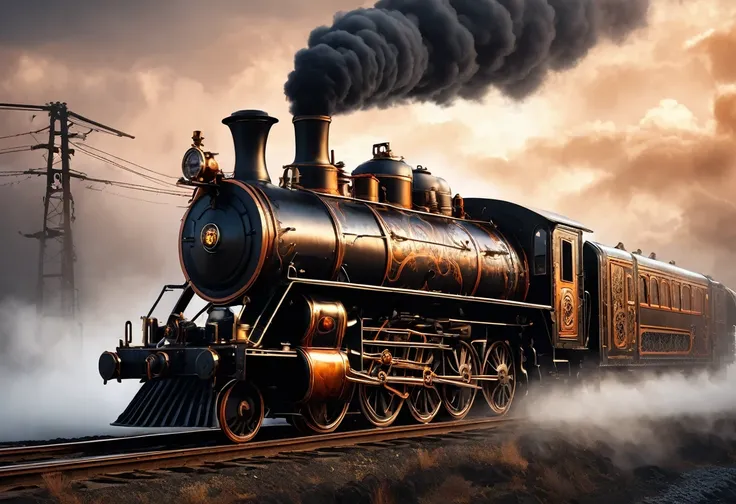 detailed steampunk train locomotive, hyperrealistic, black paintings, ethereal clouds, mist atmosphere, vast cloudy sky, orange ...