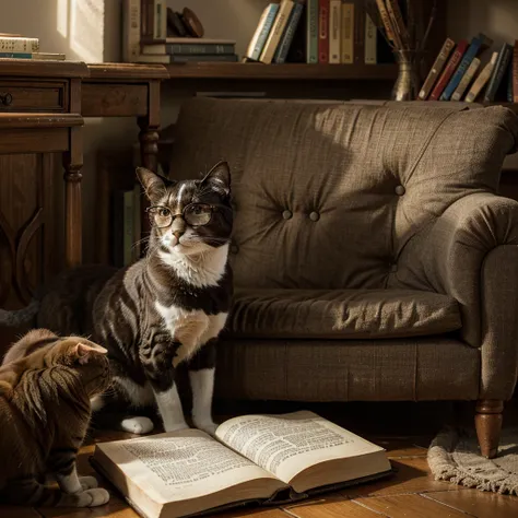 Image of a cat with glasses, who reads a book of fairy tales.