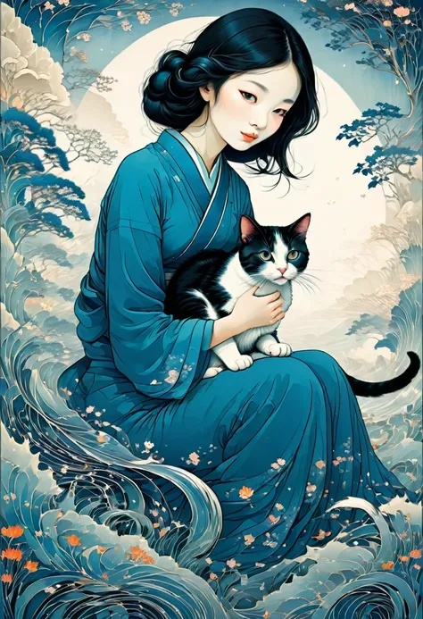 Girl with Cat, by Tang Yau Hoong, best quality, masterpiece, very aesthetic, perfect composition, intricate details, ultra-detailed