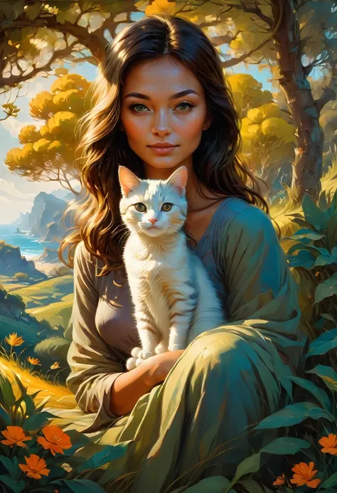 Girl with Cat, by rhads, best quality, masterpiece, very aesthetic, perfect composition, intricate details, ultra-detailed