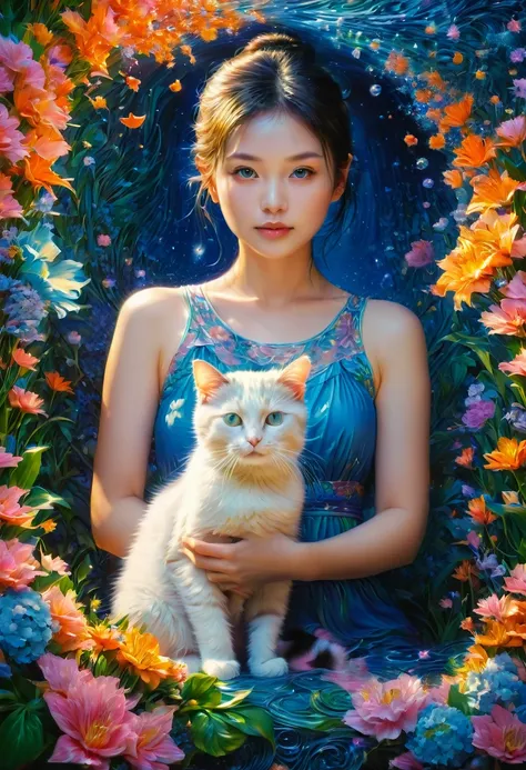 Girl with Cat, by Miki Asai, best quality, masterpiece, very aesthetic, perfect composition, intricate details, ultra-detailed