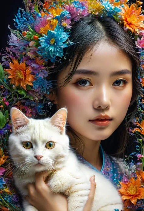 Girl with Cat, by Miki Asai, best quality, masterpiece, very aesthetic, perfect composition, intricate details, ultra-detailed