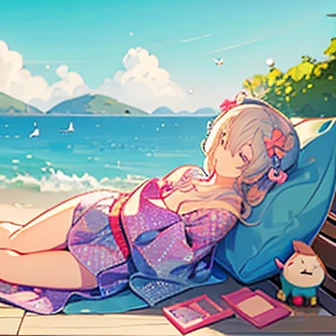 A beautiful girl taking a nap in a yukata on a hill overlooking the sea、The season is early summer、Cool、Lots of background、Japanese anime style