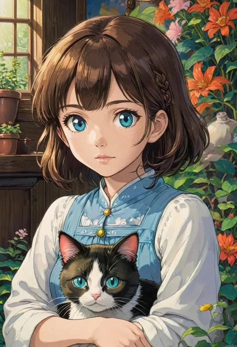 Girl with Cat, by Studio Ghibli, best quality, masterpiece, very aesthetic, perfect composition, intricate details, ultra-detailed