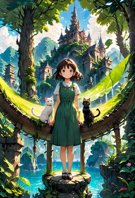 Girl with Cat, by Studio Ghibli, best quality, masterpiece, very aesthetic, perfect composition, intricate details, ultra-detailed