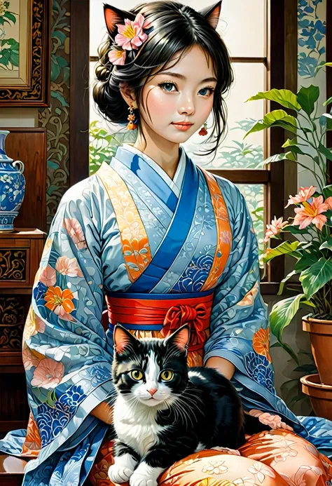 Girl with Cat, by Yoshiyuki Tomino, best quality, masterpiece, very aesthetic, perfect composition, intricate details, ultra-detailed