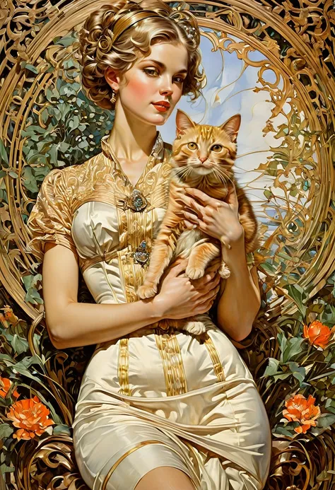 Girl with Cat, by J.C. Leyendecker, best quality, masterpiece, very aesthetic, perfect composition, intricate details, ultra-detailed