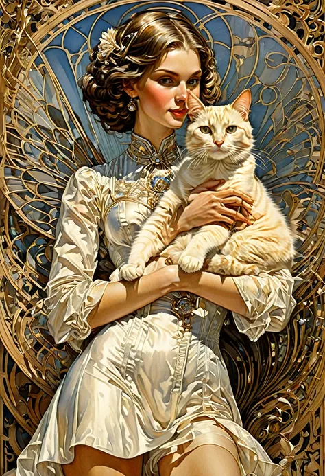 Girl with Cat, by J.C. Leyendecker, best quality, masterpiece, very aesthetic, perfect composition, intricate details, ultra-detailed