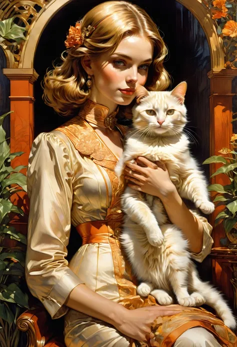 Girl with Cat, by J.C. Leyendecker, best quality, masterpiece, very aesthetic, perfect composition, intricate details, ultra-detailed