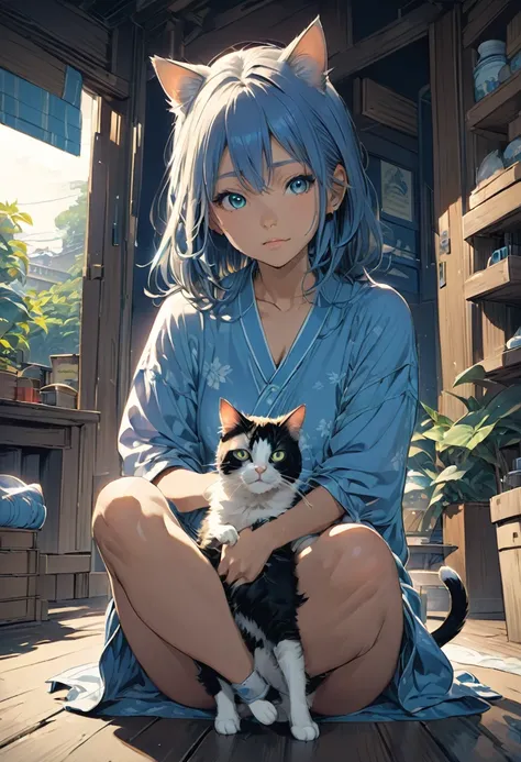 Girl with Cat, by Makoto Shinkai and Makoto Niitsu style, best quality, masterpiece, very aesthetic, perfect composition, intricate details, ultra-detailed