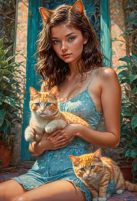 Girl with Cat, by milo manara and Brandon Woelfel, best quality, masterpiece, very aesthetic, perfect composition, intricate details, ultra-detailed