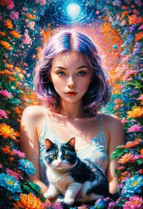 Girl with Cat, by hajime sorayama and Brandon Woelfel, best quality, masterpiece, very aesthetic, perfect composition, intricate details, ultra-detailed