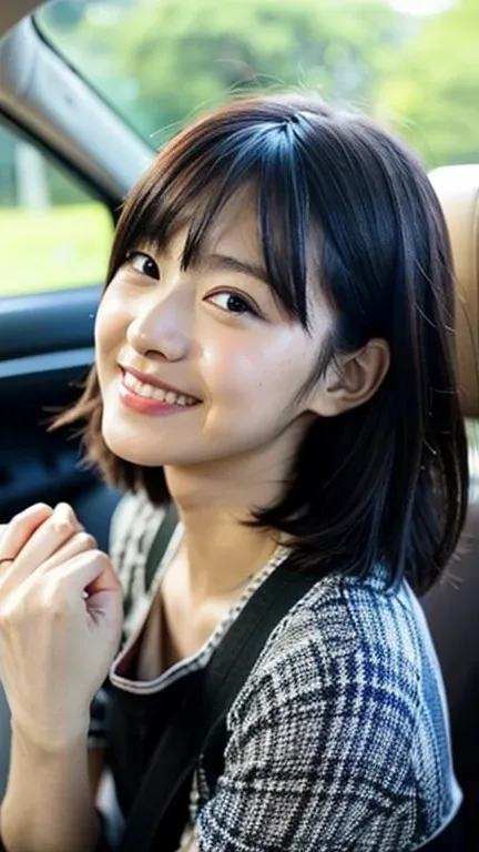 Asian, taiwanese, masterpiece, driving date, car, girlfriend, one girl, kawaii, best quality, pretty, pov, short hair, fair skin, smiling, black hair, shy