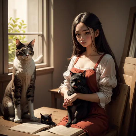 Girl with Cat, best quality, masterpiece, very aesthetic, perfect composition, intricate details, ultra-detailed