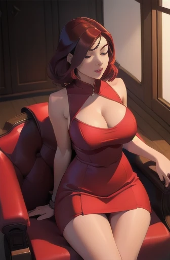 Young 性感of woman wearing a red dress sitting on a chair, 昏暗of灯光, 性感of, 热of, of((Large Breasts、Breast sagging、Low-cut，Cleavage ，Wide hips,)))((Long legs)),Hourglass figure))