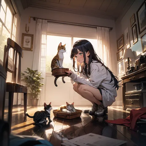 Girl with Cat, best quality, masterpiece, very aesthetic, perfect composition, intricate details, ultra-detailed