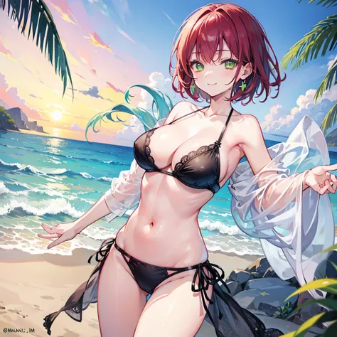 girl,one eye closed,Sunrise over the Ocean,burgundy short hair,strings bikini, ((lime green eyes)), big eyes,droopy eyes,slender body,smile