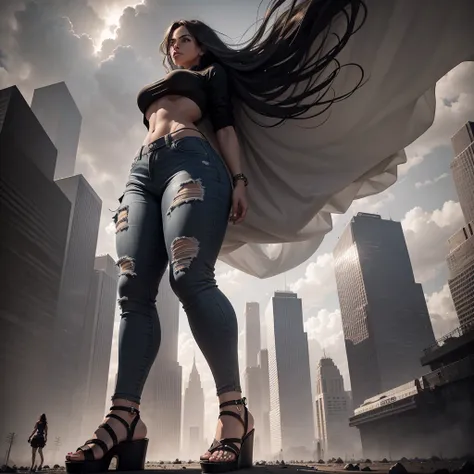 A towering Giantess wearing open toe wedge sandals in a cool and laid-back hippie style is rocking a crop top and baggy pants. Her toned and athletic build hints at her massive strength. She seems to be casually strolling through the bustling cityscape of ...