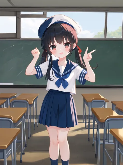 9 years old、One girl、Black Hair、Twin tails、Red hair tie、Navy blue sailor suit、Short sleeve、beret、mile、classroom