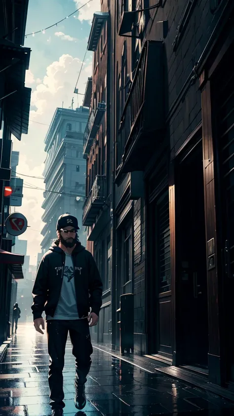 cinematic artwork of a man walking alone, (he is looking up:1, wearing a hoodie, wearing a sports hat, badass beard, wear black sunglasses, short hair, laughing, hands in the pocket, professional image), cinematic atmosphere, semi-realistic, [:(perfect fac...