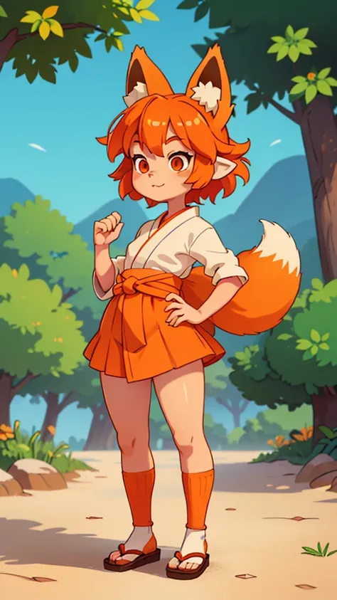 small girl, has short orange hair, has fox ears(((orange fox ears))) she has 2 fox tails (((only 2 orange tails))) she wears a white kimono and details orange.