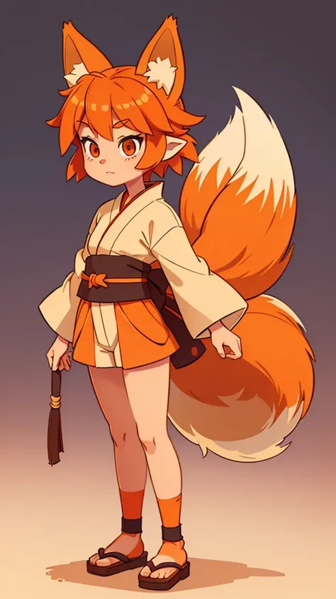 small girl, has short orange hair, has fox ears (((orange fox ears))) (((no human ears))) she has 2 fox tails (((only 2 orange tails)) ) she wears a white kimono with orange details.