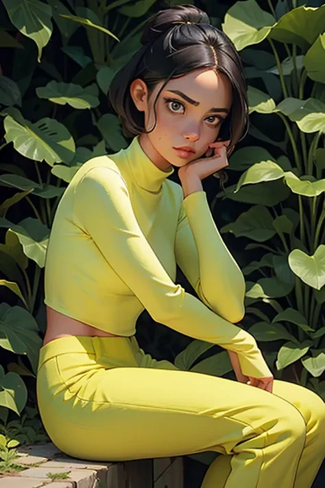 (sfw)1 mulher com cabelos ruivos presos em um penteado estiloso, wearing a yellow turtleneck and green pants. she is sitting out...