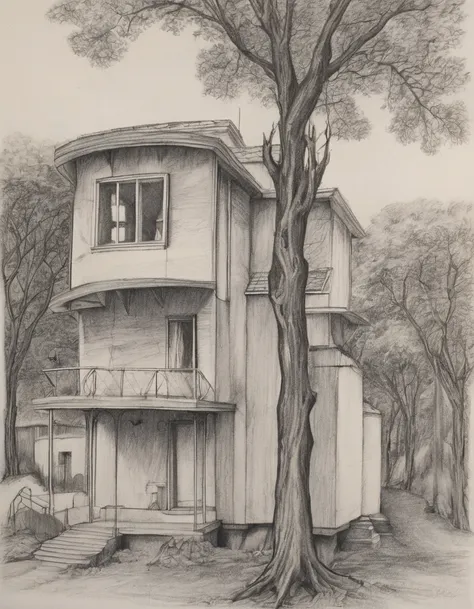 pencil drawing, home and trees