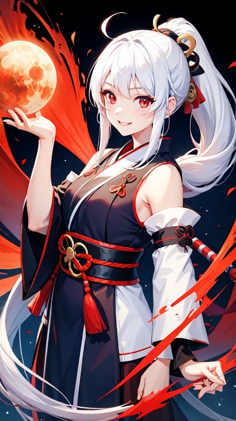 Young girl, long white hair, high ponytail, red eyes, blue sleeveless samurai kimono, smile, masterpiece, high quality