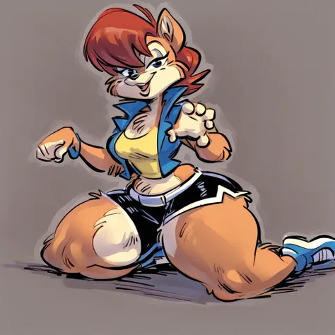 Sally Sally acorn, fur,btpt-fc, wearing black swimming shorts, doing a sitting pin up pose, has thick thighs, high quality, crisp, 