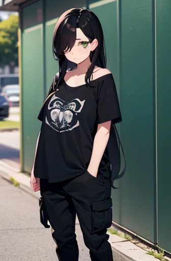 tired face, bag under eyes, green eyes, messy wavy black hair, emo hair, side parted hair, hair over one eye, shoulder length hair, full body, tomboy, (masculine clothes), black cargo pants, baggy t-shirt, flat chested, androgynous, (fat), shy