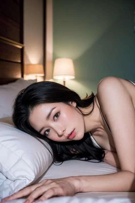 a stunningly realistic, high resolution 8K photo of a beautiful 30-year-old woman with medium long hair and a glamorous figure laying on a bed in a boudoir setting looking at the rain outside, dramatic lighting, masterpiece, best quality, photorealistic, u...