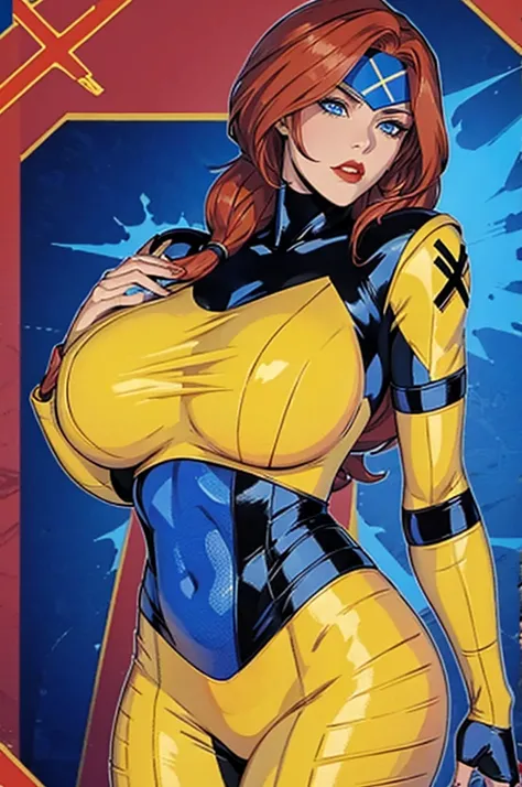 his uniform is made of yellow latex leather with bright blue and skin-tight + has a bright red symbol in the shape of the letter "X" on his waist + wears blue armbands + black headband + white skin + red lips + blue eyes + has hair redhead + she has wide h...