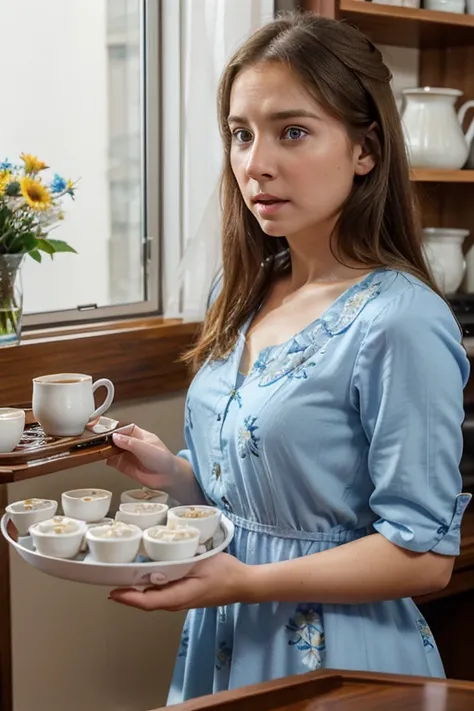 A woman with white skin, very light brown hair, amber eyes, 30 years old, young appearance, wearing a blue flowery dress, sees a tray with coffee cups fall while looking shocked at a screen