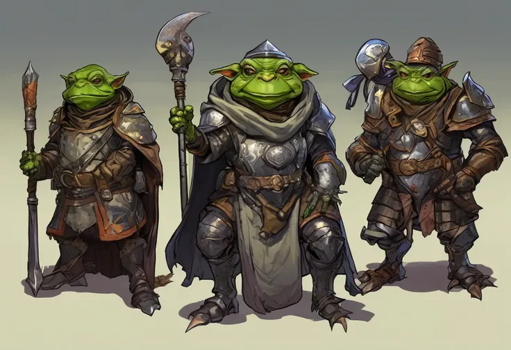 A squad of elite goblins that worship a goblin sized toad, (the squad has a fighter, cleric, wizard, and thief all of them are evil, cowardly, and dressed in garbage versions of heroic armor)
