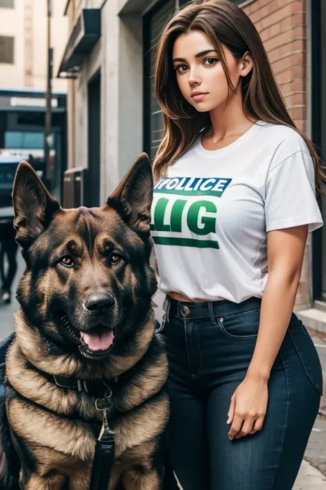 large police dog next to a young woman with light brown hair, ojos verdes, a white t-shirt without a design 