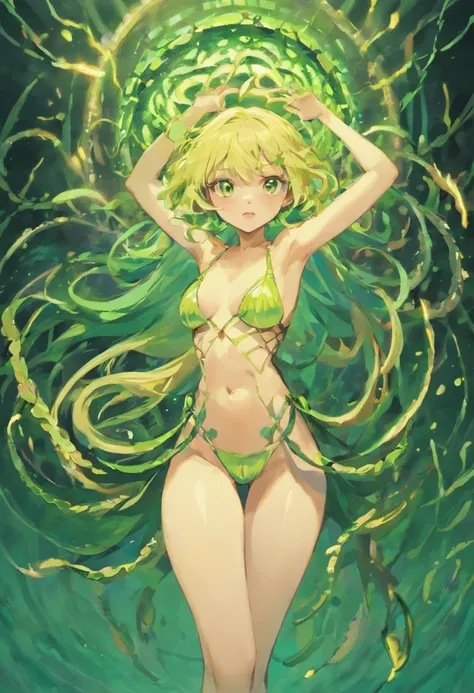 1 girl, jellyfish, snake hair, green eyes, seductive facial expression, pale skin, A slim body, Long legs, in a bra, in a bikini, sexuality, naked body, shimmering scales, serpentine movements, mysterious aura, mythical creature, dark background, Moonlight...