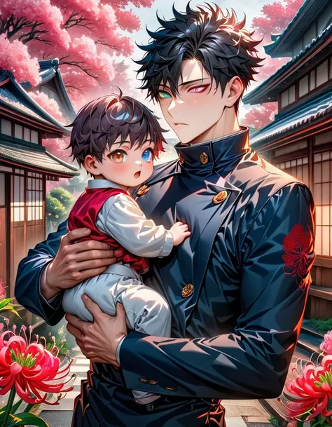 absurd resolution, high resolution, ultra detailed, HDR, master piece, best quality, Dan Heng, black hair, heterochromia, left eye red, right eye green, carrying a baby boy, man, handsome, traditional Japanese residence, pink red spider lilies flowers, pin...