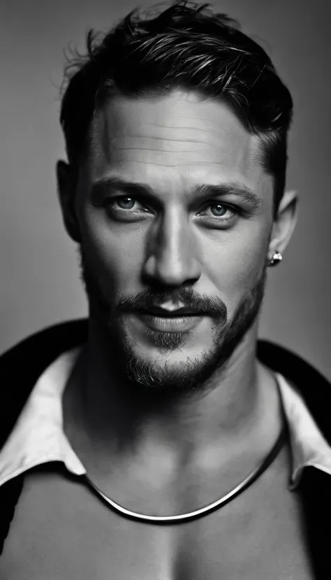 Imagen detallada de felicidad, young Tom Hardy smiled with wide eyes, la mirada de un tipo grande y desnudo y con pene grande, pectorales defininidos, renderizado fotorrealista, colores ricos, 