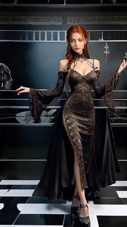 4k ultra realistic detailed photography of a eurasian redhead woman in a maxi dress and high heels, eurasian redhead woman with ...